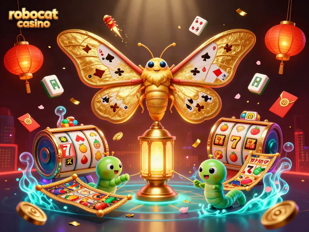Experience poker excitement at robocat casino with vibrant illustrations of slots and gaming elements.