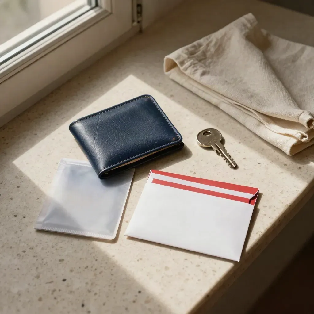 Kit de renovación del DNI con cartera, funda, fotos, llave y sobre con cierre rojo sobre travertino.
