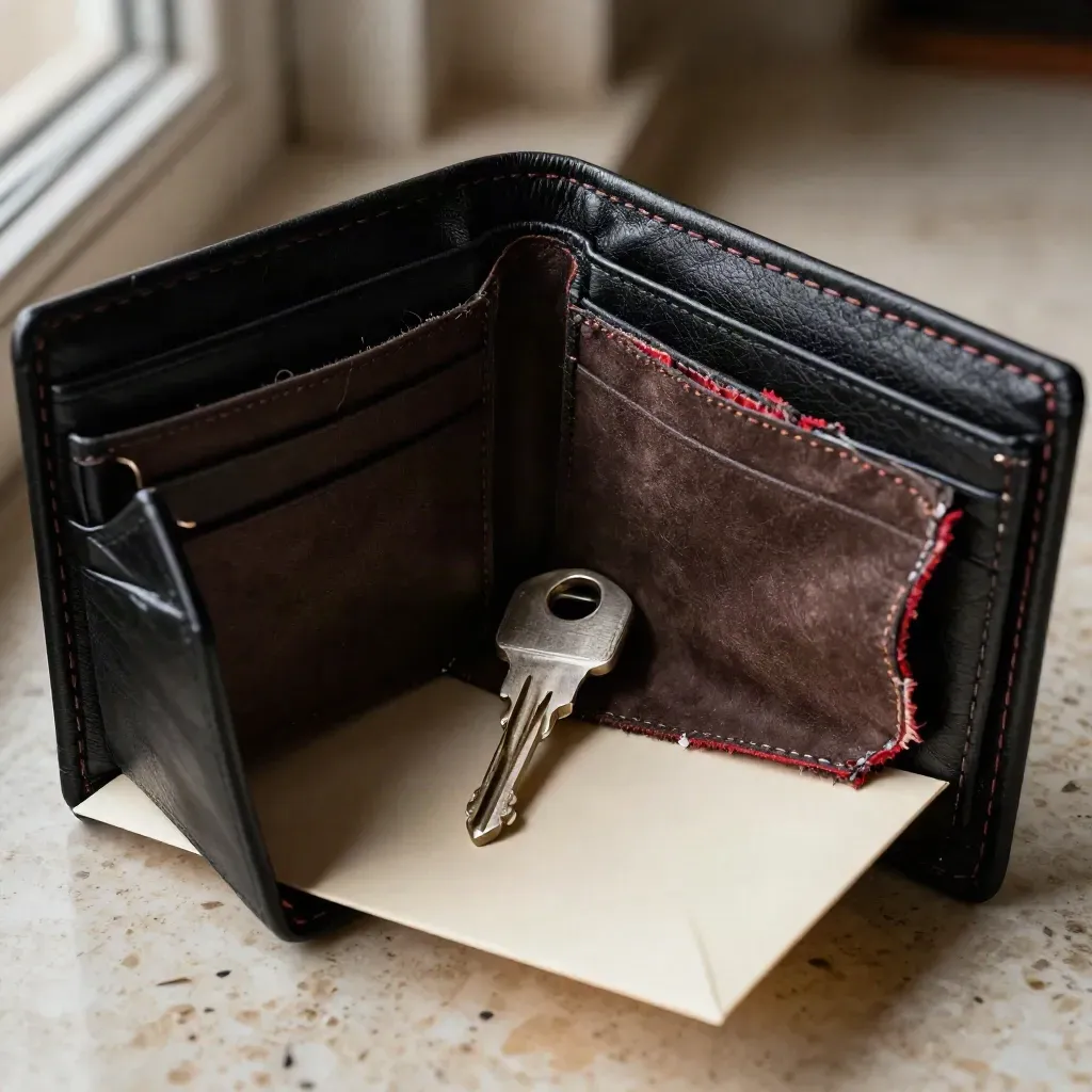 Cartera vacía abierta con llave y sobre de reemplazo sobre travertino, en una escena tensa.
