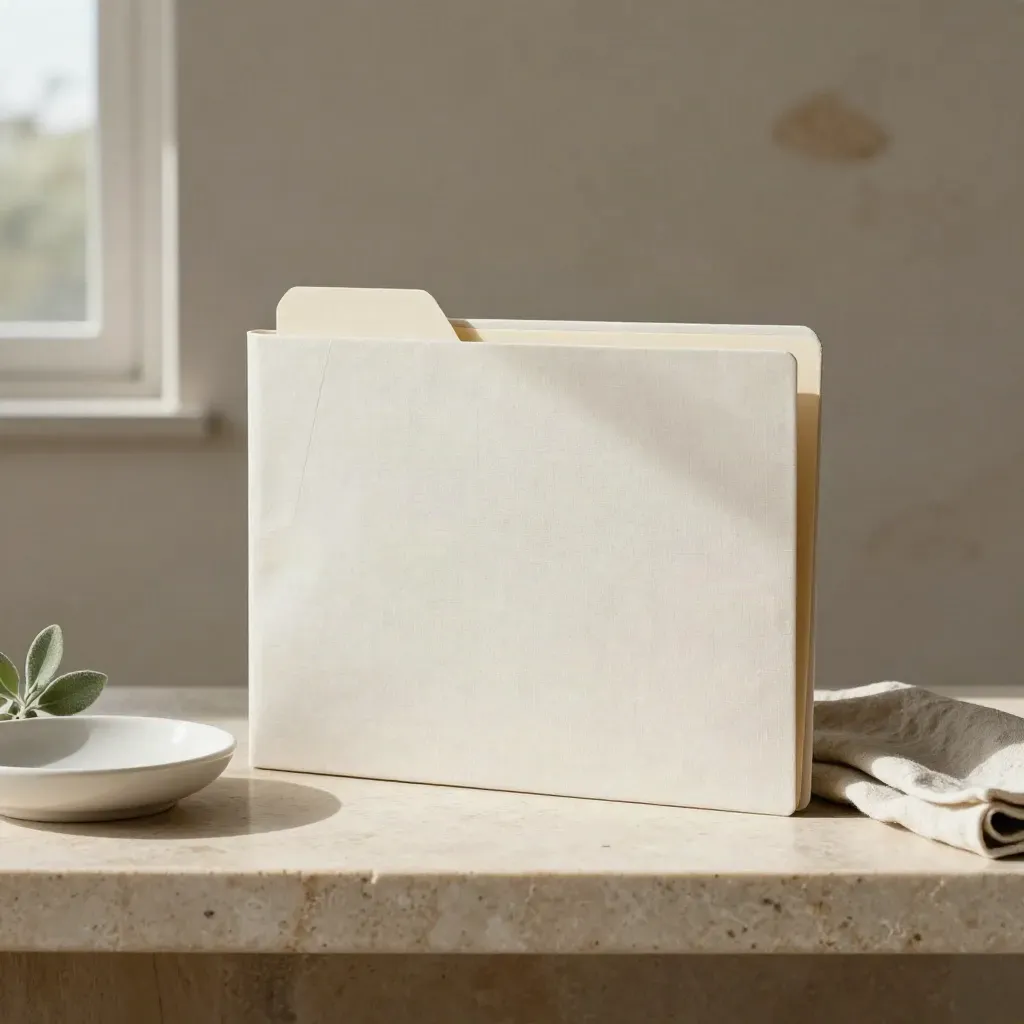 Carpeta beige con plato, paño y planta sobre una repisa de piedra clara.