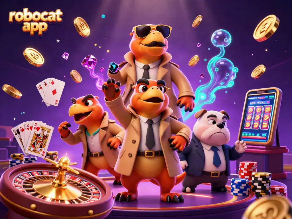 Play thrilling games on the robocat app with raptors in a VIP casino scene.